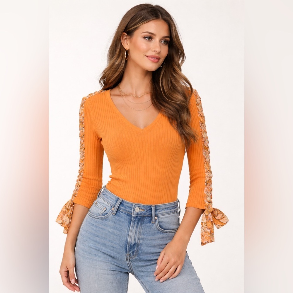 Dolce Cabo Y2K Orange Ribbed Knit Top Floral Tie Sleeves Size M